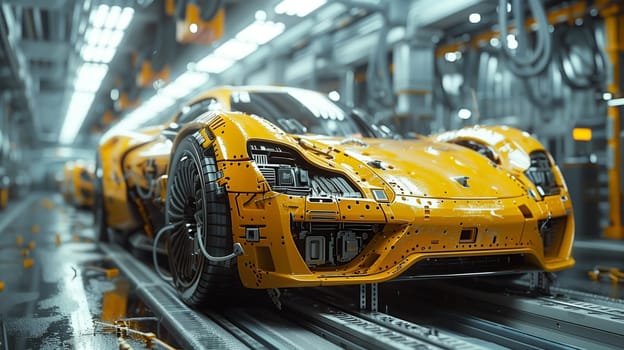 A futuristic yellow sports car sits on an assembly line in a modern factory. The car is sleek and stylish, with a low profile and a powerful engine. The factory is clean and well-lit, with state-of-the-art equipment.