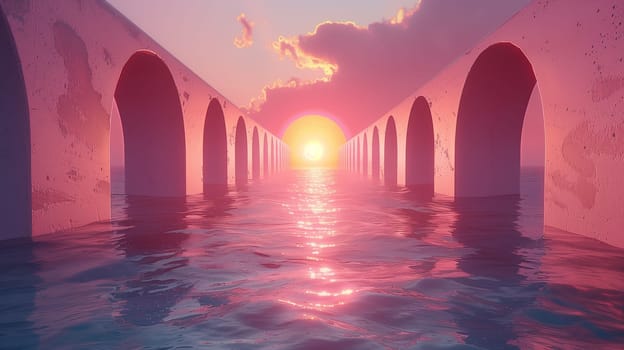 A pink sunset shines through an archway formed by a row of concrete pillars that extend into the water. The sky is pink and orange, and the water is reflecting the colors of the sunset.