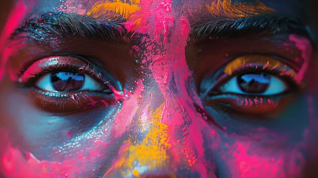 The image is a close-up shot of a person's eye covered in vibrant pink, blue, and yellow paint. The person's eyelashes are long and dark, and their iris is a deep brown. The paint is applied in a thick layer, creating a textured and colorful surface. The image is a study in color and texture, and it highlights the beauty of the human eye.