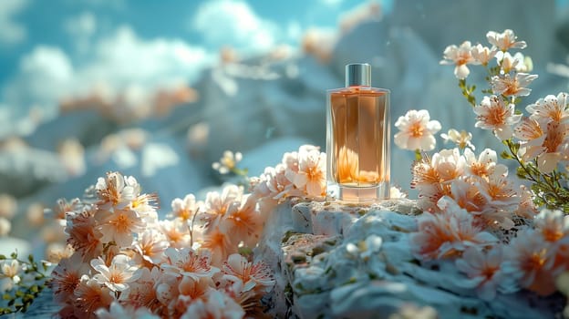 A glass bottle of perfume sits on a white rock surrounded by white flowers with orange centers. The background features a soft, blue sky with fluffy white clouds.