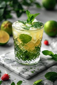 A close-up shot of a refreshing cocktail with ice, fresh mint, and lime, garnished with a sprig of mint, all resting on a marble surface.