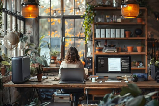 A woman sits at a wooden desk in a well-lit room with large windows. She is using a laptop computer and a desktop computer, both with screens facing her. There are plants throughout the room, and the desk is surrounded by books and other items. The room is bright and inviting, and the woman looks focused on her work.