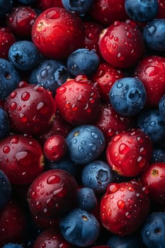 A close-up view of freshly picked blueberries and cranberries, arranged in a dense cluster. Each berry is glistening with water droplets, highlighting their vibrant colors and plumpness.