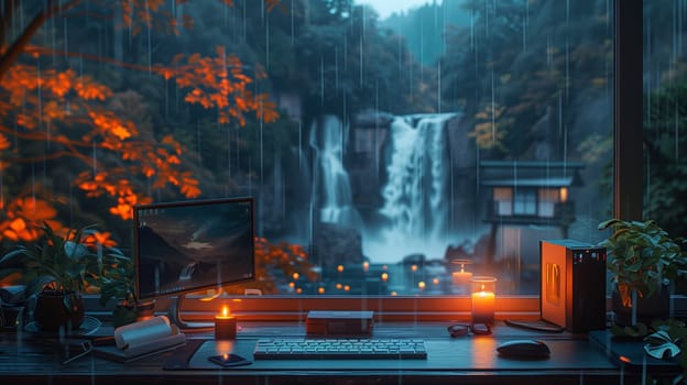 A computer desk with a monitor, keyboard, mouse, and candles sits next to a window with a view of a waterfall in the distance. Rain is falling outside and the view is blurred slightly. There is a small plant on the desk, and a larger plant to the right of the desk.
