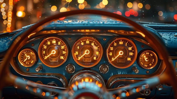 The interior of a classic car is illuminated by the bright lights of a city at night. The dashboard is filled with gauges, including a speedometer, fuel gauge, and other indicators. Raindrops are visible on the windshield and the car's interior.