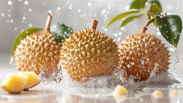 Three whole durian fruits, one cut open showing the inside, are arranged on a white background. The fruits are surrounded by water splashes, with a few green leaves scattered around. The fruits are glistening and the light is reflecting off the water droplets.