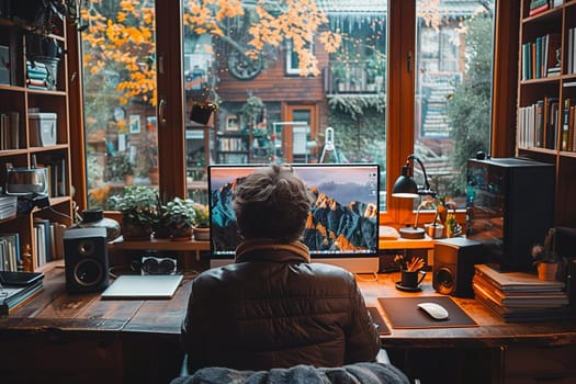 A person sits at a desk in a home office, working on a computer. The desk is well-organized with a laptop, a computer monitor displaying a mountain scene, a lamp, and other office supplies. A bookshelf filled with books is visible in the background on the left. A large window behind the desk provides a view of an autumnal backyard scene. Natural light fills the room.