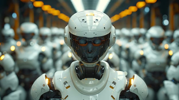 A white robot with a helmet on stands at the front of a line of identical robots, all facing forward, with lights illuminating their heads.
