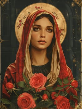 A young woman with long dark hair, wearing a red hood and a white shawl, looks to the viewer with a gentle expression. She is surrounded by blooming red roses, and the background is dark, suggesting a dimly lit room or perhaps a religious setting.