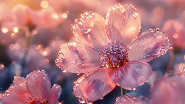 A close-up shot of a pink flower with its petals glistening with morning dew, bathed in warm sunlight. The flower is in sharp focus while the background is soft and blurred, creating a dreamy, ethereal atmosphere.