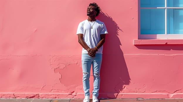 A man with dark skin, wearing a white t-shirt and blue jeans, stands with his eyes closed and arms crossed in front of him, leaning against a pink wall with a window above him.