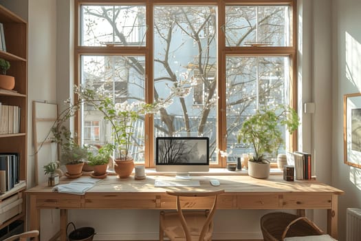 A wooden desk with a computer monitor sits in front of a large window overlooking a city view with trees. Plants in terracotta pots line the windowsill, and sunlight illuminates the room. The desk is cluttered with books, papers, and other office supplies.