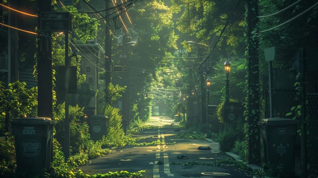 An overgrown street scene in a suburban neighborhood. The street is lined with trees and overgrown vegetation. There are streetlights along the street, and a single person is walking down the road in the distance. The morning light is foggy, casting an eerie glow on the scene.