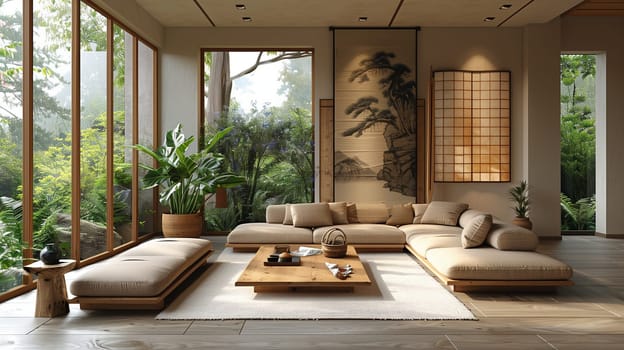 A modern Japanese living room featuring a large sectional sofa with beige cushions, a low coffee table, a large window overlooking a lush green garden, and a wooden floor. The room is decorated with traditional Japanese artwork and a shoji screen. Natural light streams in through the windows, creating a warm and inviting atmosphere.
