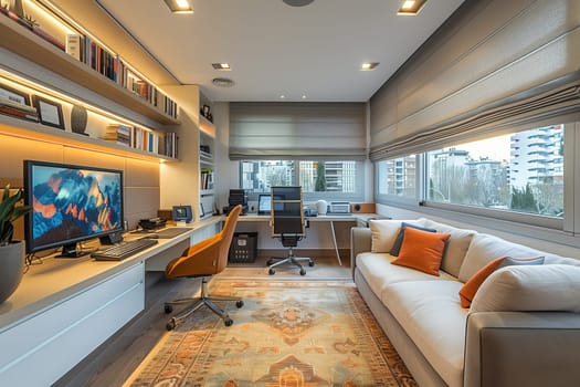 A modern home office features a white sofa with orange pillows, a desk with a computer, a bookshelf, and a view of the city. Sunlight streams in through the large windows, illuminating the room.