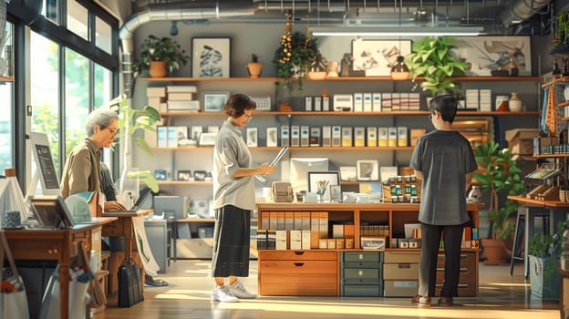 Three customers browse the shelves of a shop filled with various products, including framed artwork, tea, coffee, and other items. The shop is well-lit by sunlight streaming through the large windows. A potted plant stands in the corner, adding a touch of greenery.