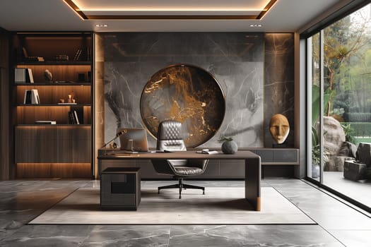 A sleek, modern executive office features a large, dark wooden desk with a leather chair in the center of the room. The wall behind the desk is covered in dark gray marble tiles, with a circular, gold-leaf patterned accent piece. A bookcase with warm, ambient lighting lines the wall to the left of the desk, while a large window to the right offers a view of a lush, green garden.