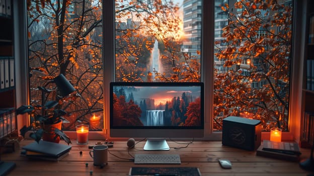 A wooden desk sits near a large window with an autumnal view. A laptop is open on the desk, and a lit candle is beside it. Two more candles are placed on the right side of the desk, along with a black speaker. Several books are stacked near the candles. A small potted plant sits on the desk near the left edge of the image.