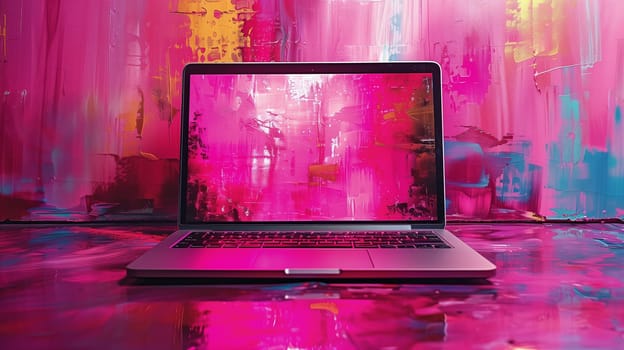 A silver laptop sits on a table in front of a wall with a vibrant abstract painting of pink and blue hues. The reflection of the painting can be seen on the surface of the table.