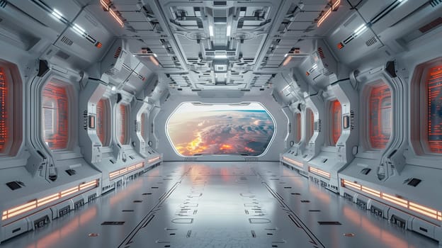 A long, white corridor in a futuristic spaceship, with large windows looking out onto a view of Earth during sunset. The windows are illuminated with a warm orange glow, casting a soft light onto the metallic floor. The walls are lined with panels, giving the corridor a sleek, modern feel.