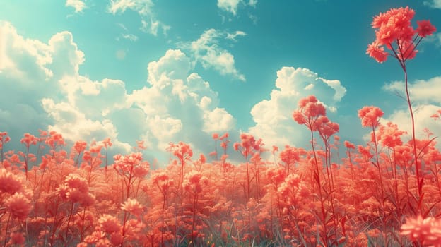 A field of pink flowers blooms under a bright blue sky. The flowers reach up towards the white clouds, which drift across the sky. The sun shines brightly, casting a warm glow on the scene.
