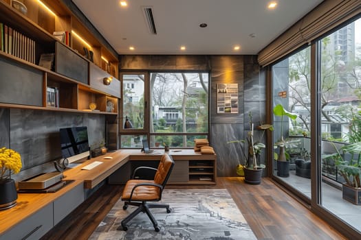 A modern home office with a large desk, a comfortable leather chair, and a view of a city skyline through large windows. The room is decorated with a wooden bookshelf, a potted plant, and a rug. Natural light fills the room, creating a bright and inviting atmosphere.
