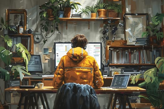 A man sits at a desk in a home office. He wears a bright yellow jacket and sits in front of a computer screen, presumably working. There are houseplants on shelves in the background, a bookshelf full of books, and a laptop on the desk. Sunlight streams through a window, illuminating the scene.