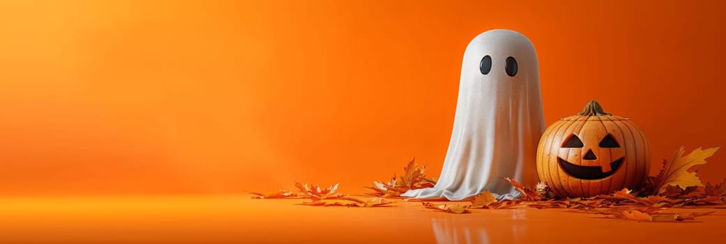White Halloween ghost on orange background, banner. Halloween holiday. AI generated.