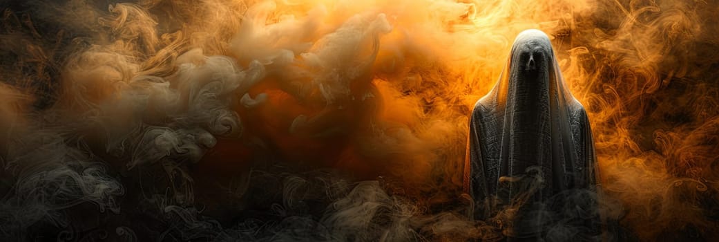White Halloween ghost on orange background, banner. Halloween holiday. AI generated.