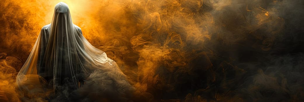 White Halloween ghost on orange background, banner. Halloween holiday. AI generated.