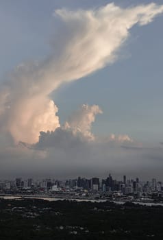 Bangkok, Thailand - 28 May 2024 - Aerial view of skyscrapers and dramatic sky before sunset. Beautiful clouds in the sky over large metropolitan city of bangkok, Space for text, Selective focus.