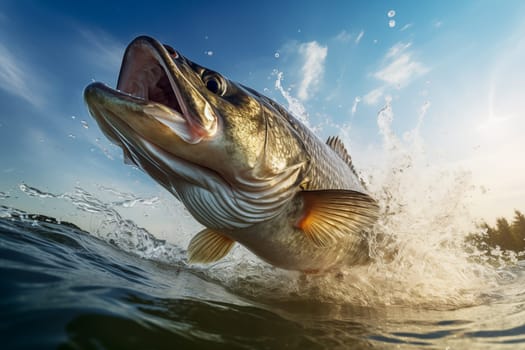 close up of a large mouth bass jumping out of the water
