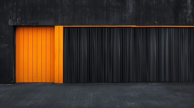 Minimalistic modern industrial building facade featuring a vivid orange door next to a closed black rolling shutter, creating striking contrast - Generative AI