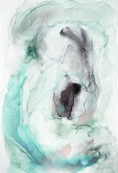 Abstract art created with alcohol inks, featuring swirling shades of green, grey, and white.