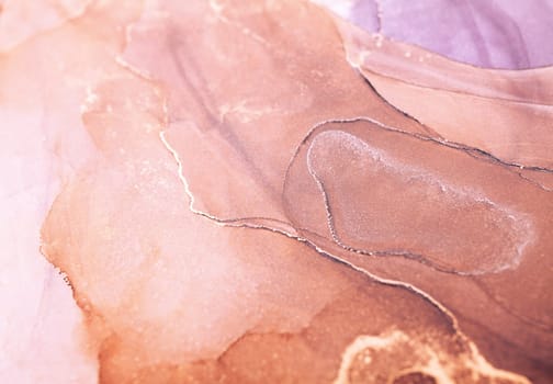 A close-up of an abstract painting featuring swirling patterns in shades of peach, brown, and gold.