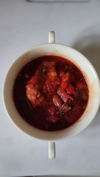 red borscht soup with beans, texture vegetables food cooking, background . High quality photo