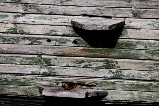 Wooden wall of a hive, with a hole made of boards with shabby green paint, close-up.