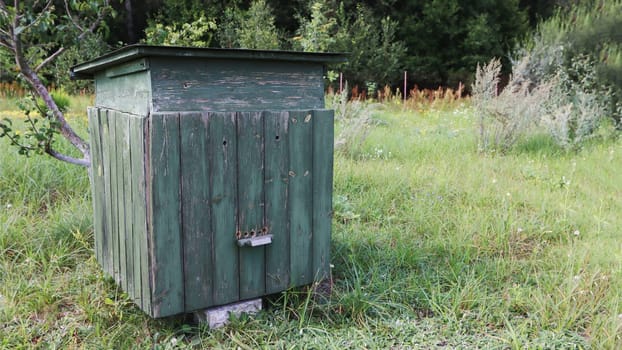 Old beehive with faded green paint on a farm. Old apiary with beehives in the garden.