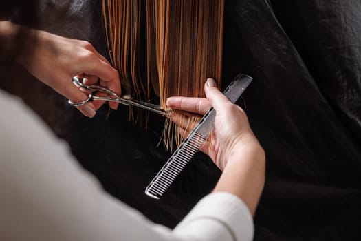 hairdresser makes a haircut to a woman in the salon. The hairdresser cuts wet hair, combing with a comb. client with short hair. back view