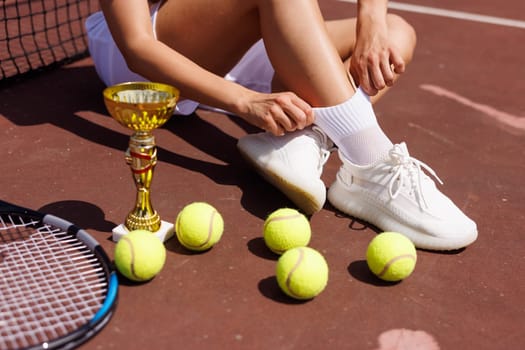 young female tennis player celebrating victory on the court, close-up of cup and tennis racket, victory in tennis tournament