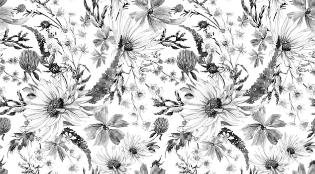 Seamless monochrome watercolor pattern with daisies and wildflowers drawn in watercolor