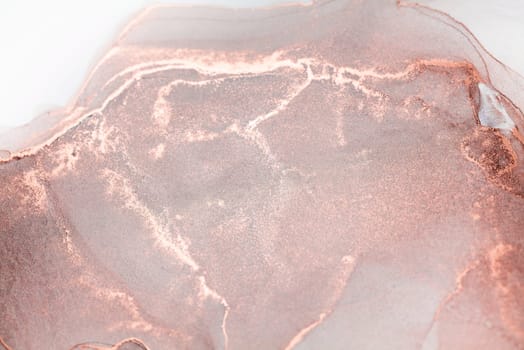 A close-up of an abstract painting, featuring swirls and veins of rose gold ink on a white background.