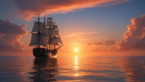 A majestic tall ship with full sails glides across a calm sea as the sun sets in a fiery orange sky. The ship's reflection shimmers on the water's surface, creating a picturesque scene of serenity and adventure.