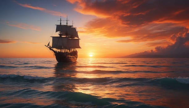 A majestic tall ship with full sails glides across a calm sea as the sun sets in a fiery orange sky. The ship's reflection shimmers on the water's surface, creating a picturesque scene of serenity and adventure.