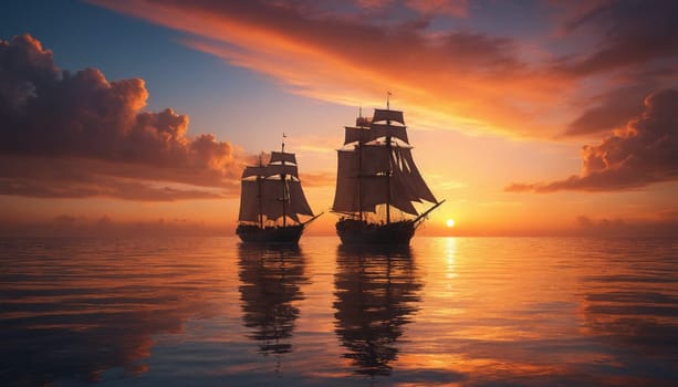Two sailboats, silhouetted against a brilliant orange and pink sunset, navigate the calm waters of the open ocean. The sky is filled with dramatic clouds, reflecting in the glassy surface of the sea.