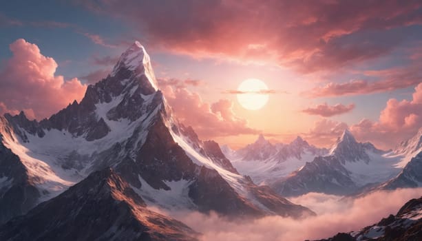 A tall, snow-capped mountain peak stands tall in the foreground, bathed in the golden light of the setting sun. The sky above is a vibrant mix of pink and orange hues, with fluffy clouds casting long shadows across the mountain range. The air is filled with a sense of peace and tranquility, creating a picturesque scene of natural beauty.
