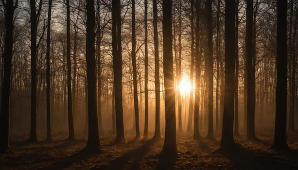 Sunlight streams through the trees in a deciduous forest, casting long shadows on the ground. The forest floor is covered in fallen leaves and the sun is setting, creating a warm golden glow.