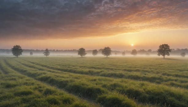The sun breaks through a veil of clouds, casting a golden glow over a field of lush green grass. A thin layer of mist hangs low, obscuring the distant trees and creating an ethereal atmosphere. Several solitary trees stand tall in the field, their branches silhouetted against the sky.