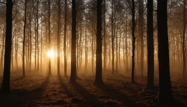 Sunlight filters through the trees in a dense, mist-filled forest. The golden light creates a mystical atmosphere, highlighting the silhouettes of the trees and illuminating the forest floor.