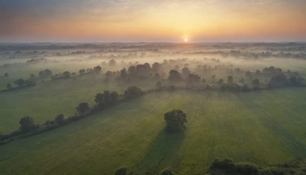 The sun rises over a vast field of green, casting a warm glow on the mist that lingers in the air. A single tree stands tall in the center of the field, silhouetted against the soft light of the dawn. The rows of crops stretch out towards the horizon, creating a sense of peace and tranquility.